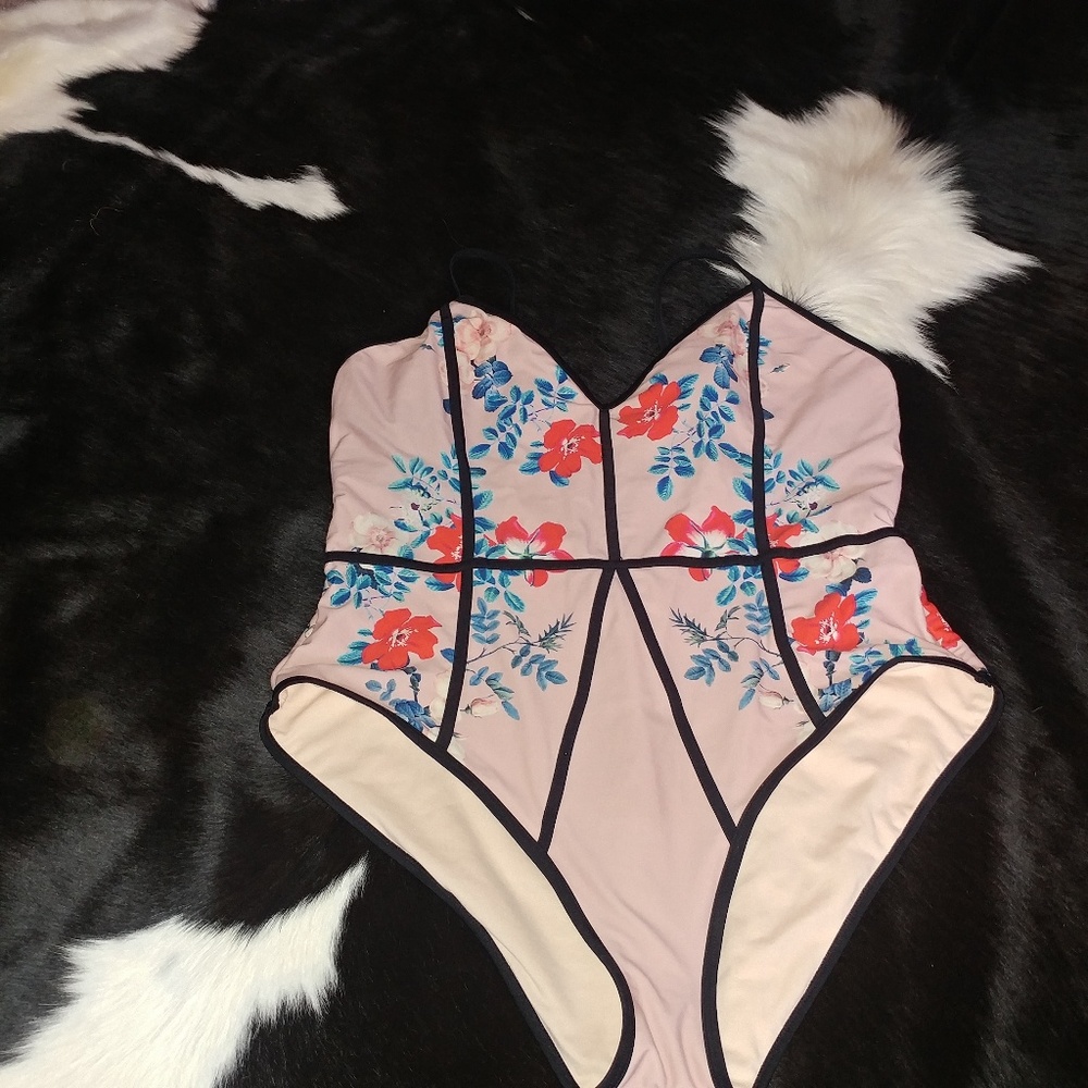 LA HEARTS | One Piece Swimsuit Blush Pink V Neck Pinup Floral Corset XL - Picture 3 of 8